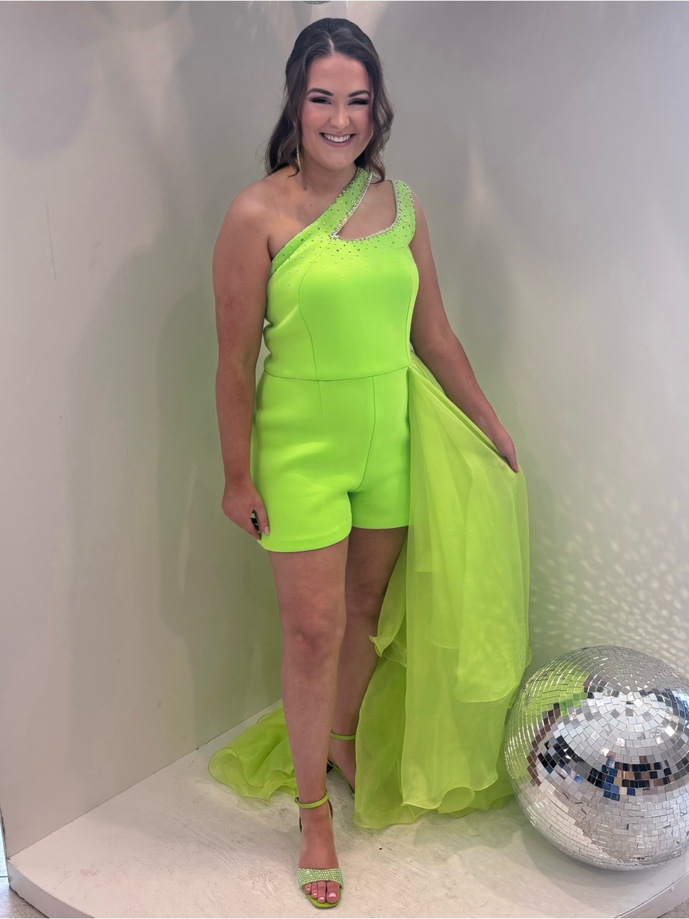 Custom Pageant Fun Fashion Neon One-Shoulder Romper with Draped Train - Picture 3 of 10